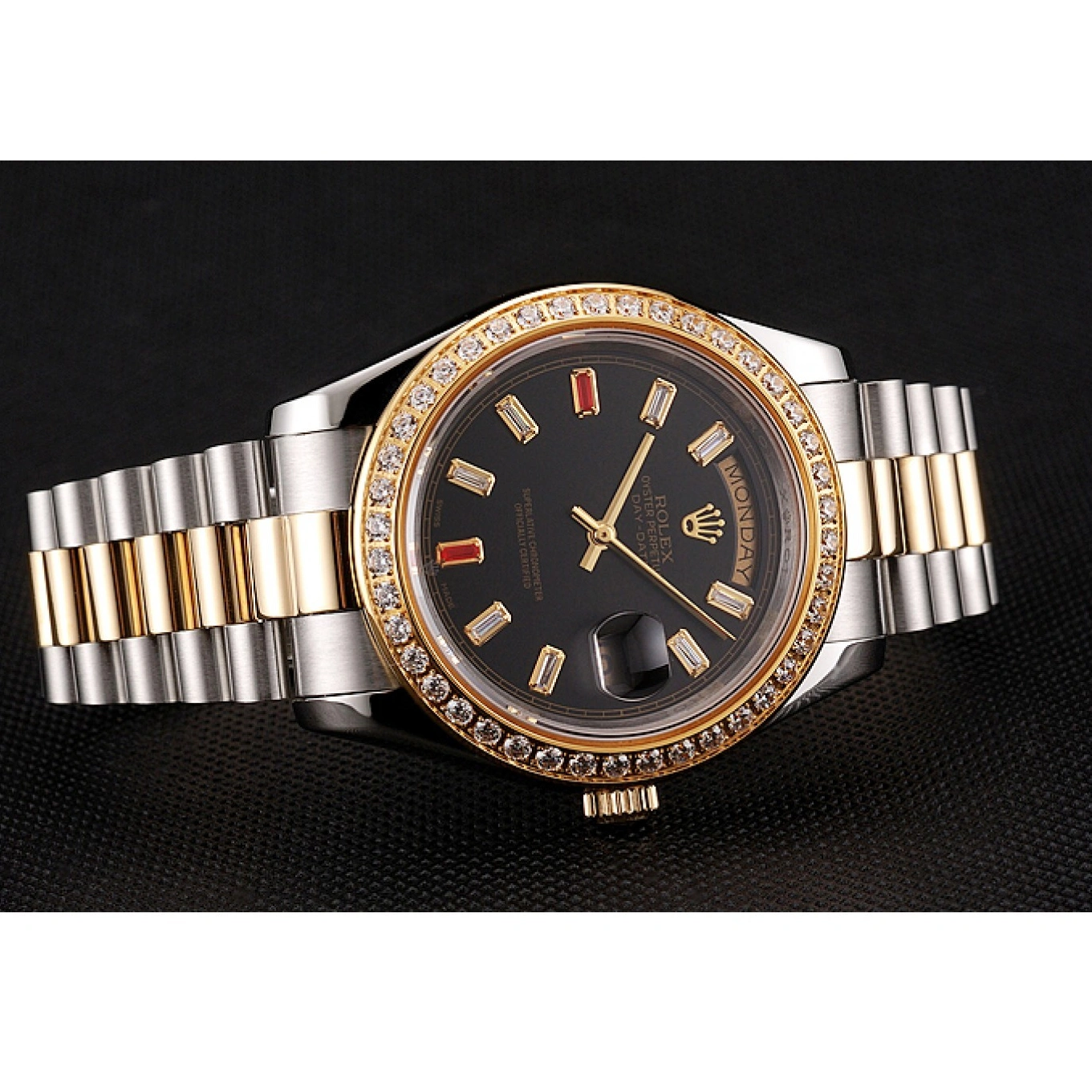 Rolex aaa copy Tone Bracelet Rolex Day-Date Two Black And 1454105 Swiss Dial Rubies Diamonds 1026